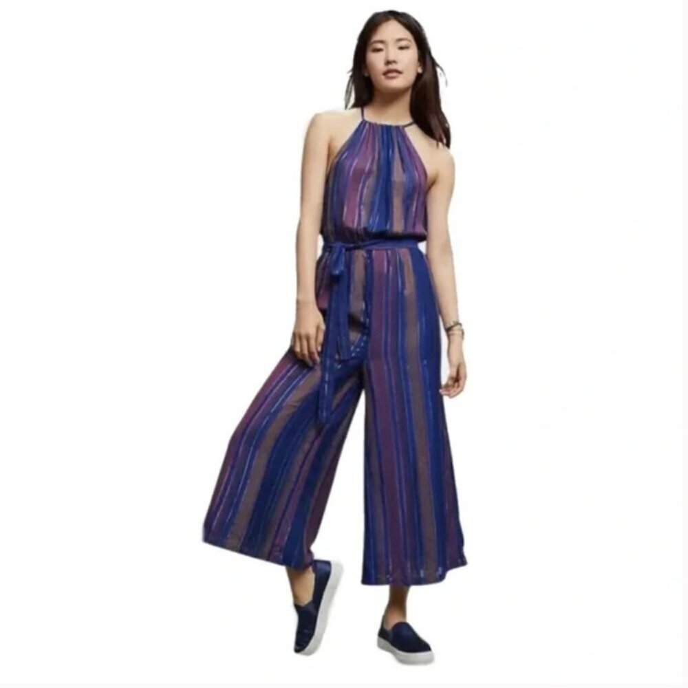 Cleobella Luma Lois Metallic Halter Cropped Wide Leg Tie Waist Jumpsuit Sz 4